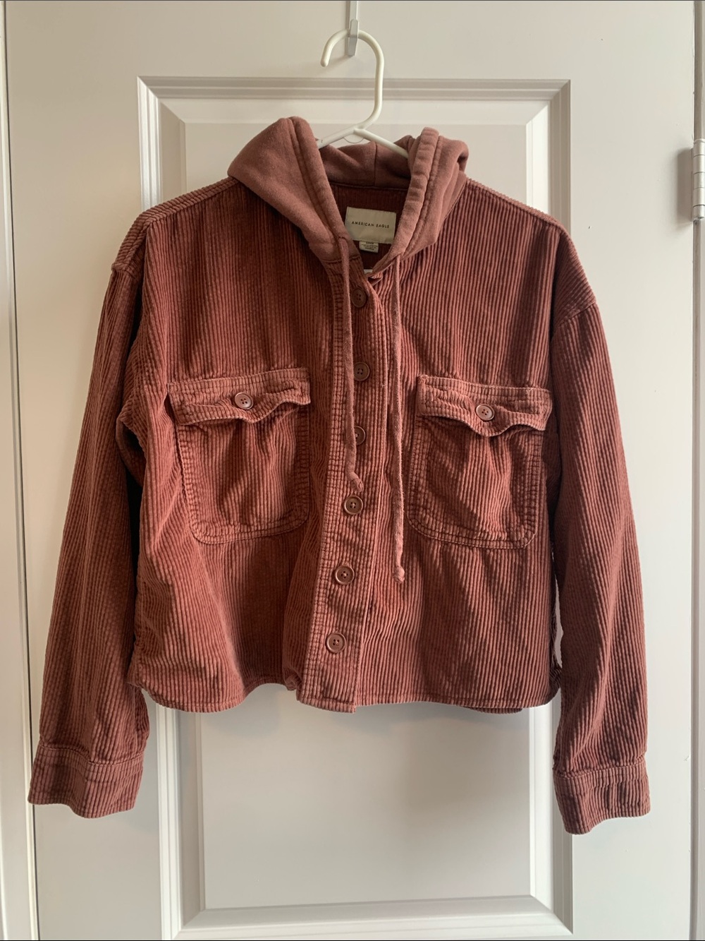 American Eagle Outfitters Corduroy Hooded Cropped Utility Jacket in Dusty Rose
